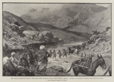 La rivolta della frontiera indiana, con la Prima Divisione Tirah Field Force, Bengal Sappers e Miners che attraversano il fiume Mastura da William Barnes Wollen